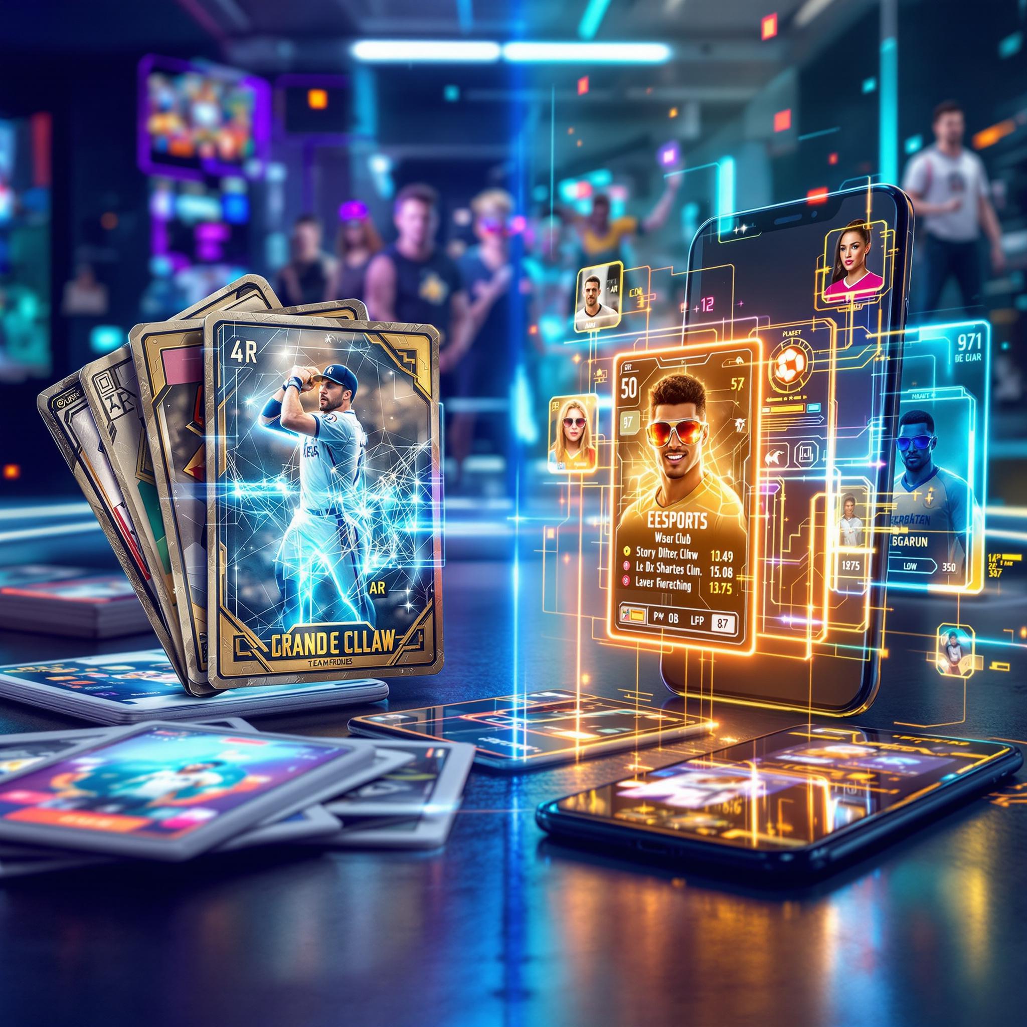 Futuristic trading card evolution featuring vintage collectibles and digital innovations in AR settings.