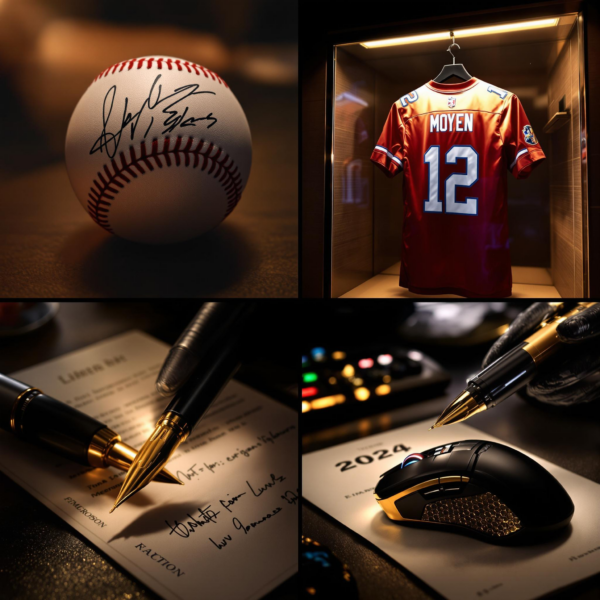 Iconic 2024 signed memorabilia collage with spotlight on baseball, jersey, pen, and gaming mouse.