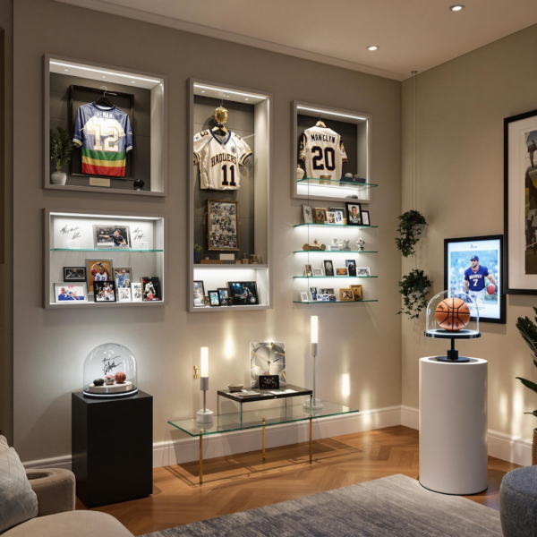 Modern gallery with autographs in sleek cases, digital displays, and warm lighting ambiance.