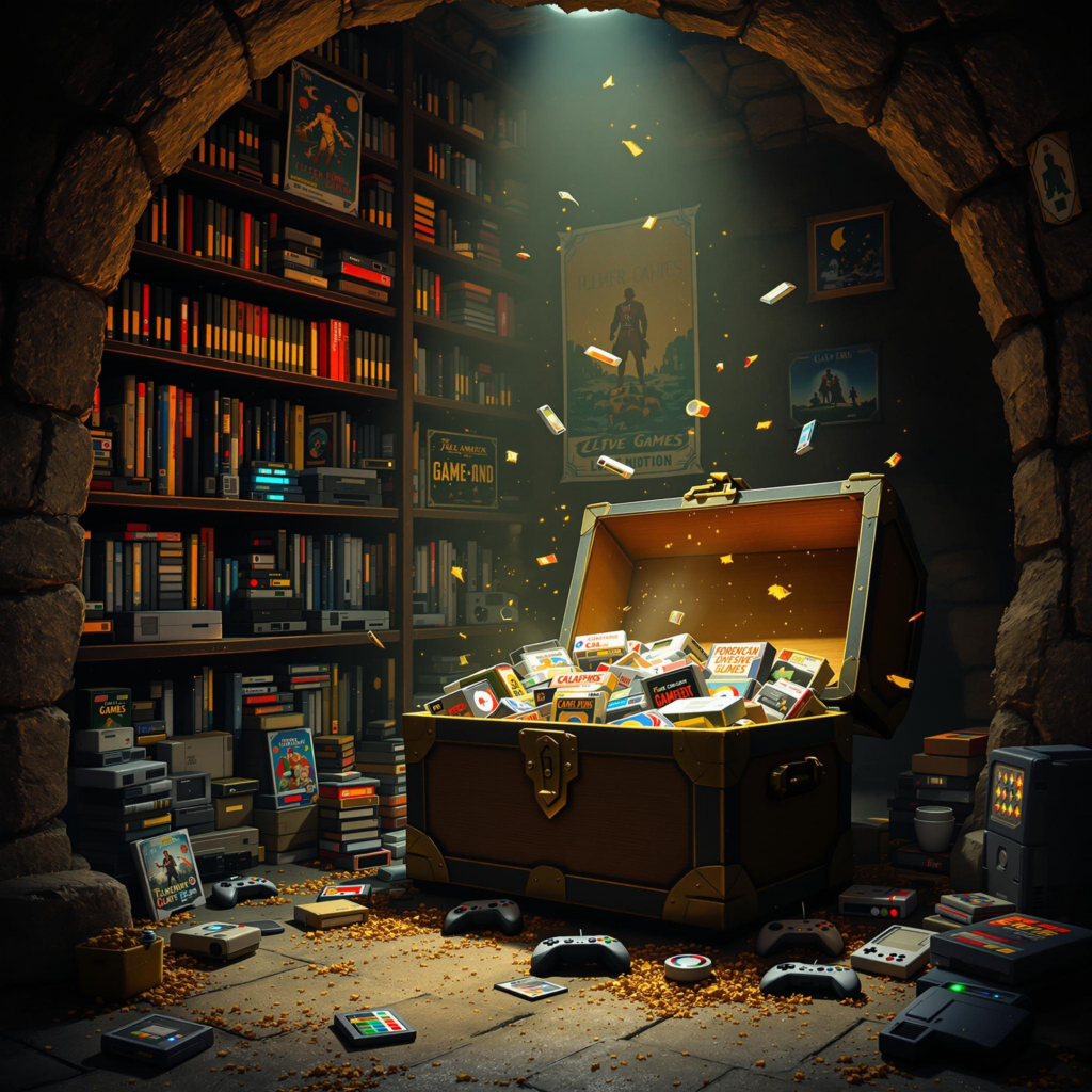 Dimly lit vault with vintage games, retro controllers, and pixel art, evoking nostalgic gaming history.