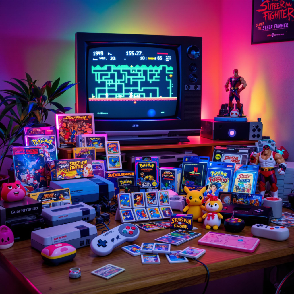 Iconic 90s gaming still life with consoles, cartridges, and neon-lit nostalgic ambiance.