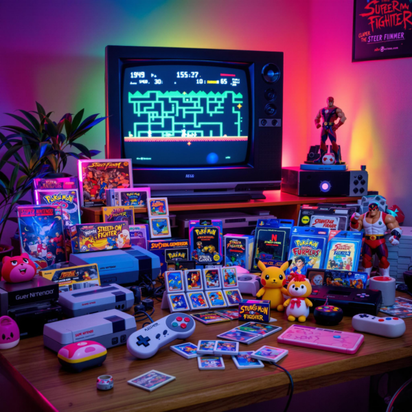 Iconic 90s gaming still life with consoles, cartridges, and neon-lit nostalgic ambiance.