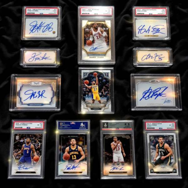 Autographed trading cards displayed with gold highlights and holographic effects on velvet backdrop.