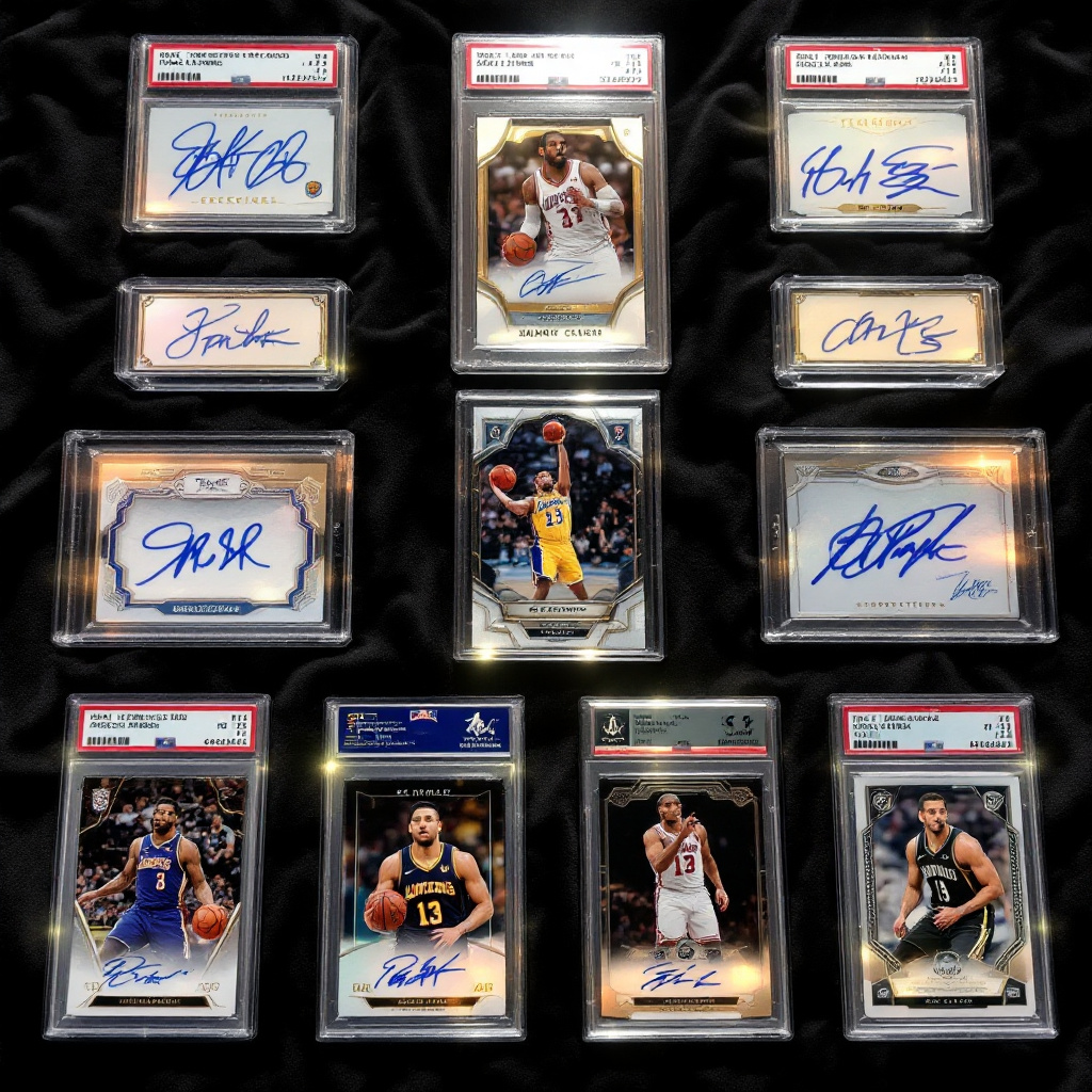 Autographed trading cards displayed with gold highlights and holographic effects on velvet backdrop.