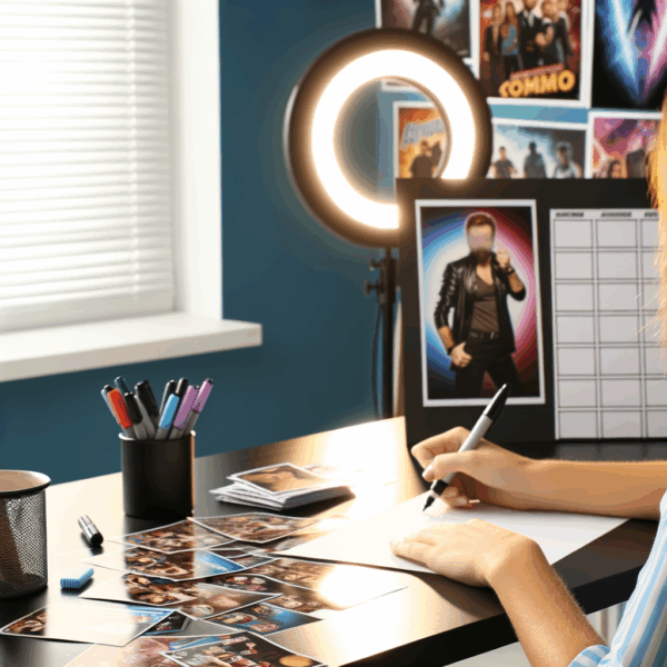 Autograph signing in BTS-themed office with posters, photos, fan mail, and coffee.