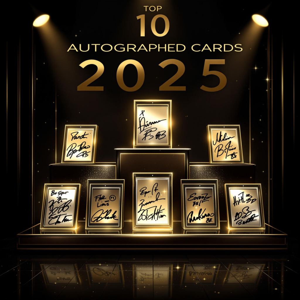 Display case of 2025s top 10 autographed trading cards with star athlete signatures.