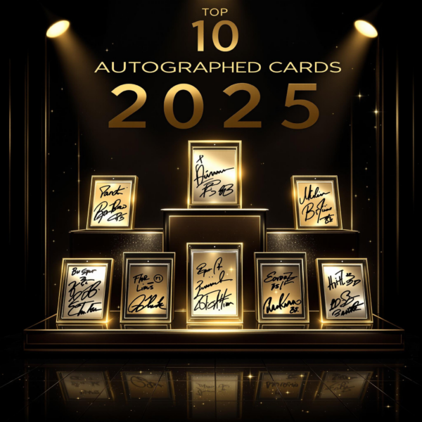 Display case of 2025s top 10 autographed trading cards with star athlete signatures.