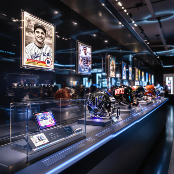 Rare sports memorabilia display: Babe Ruth card to NFT, with museum and futuristic elements.