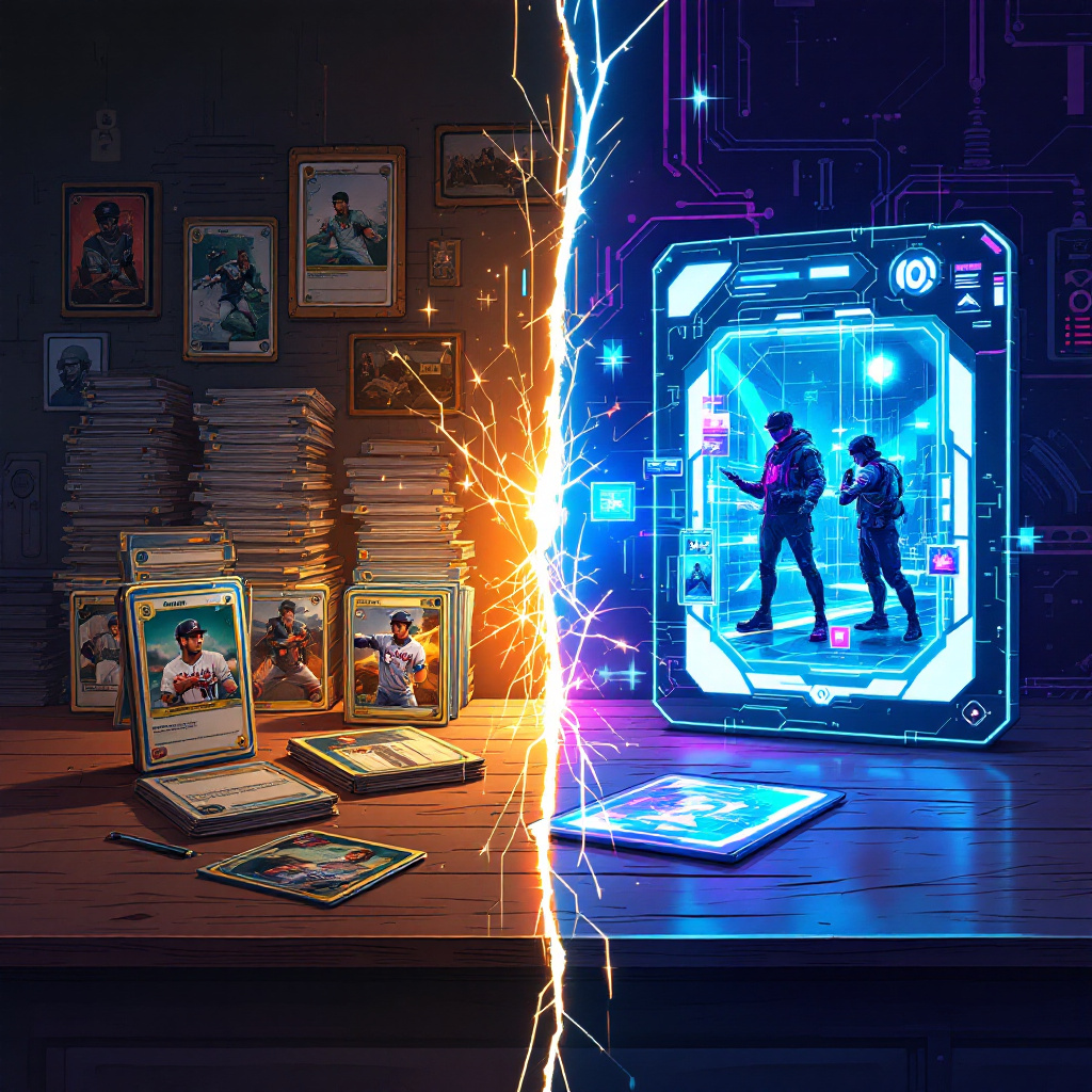 Trading cards evolution: vintage baseball to digital eSports, blending retro and modern aesthetics.