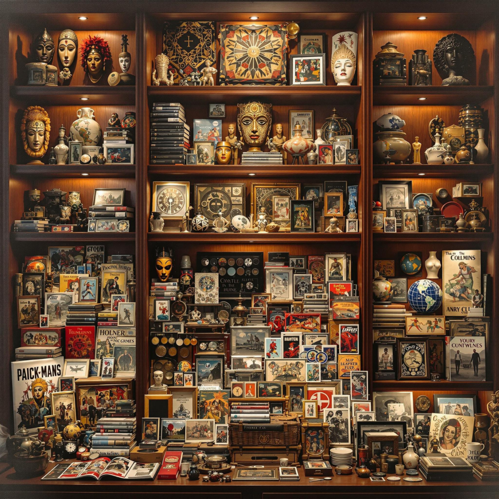 Culturally diverse artifacts in an elegant gallery with warm lighting and refined presentation.