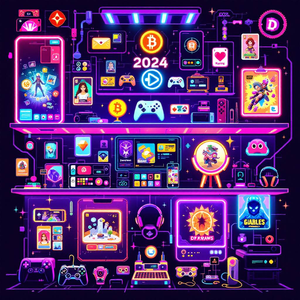 Cyberpunk 2024 gaming collectibles: digital cards, NFTs, rare skins, merchandise under neon lights.