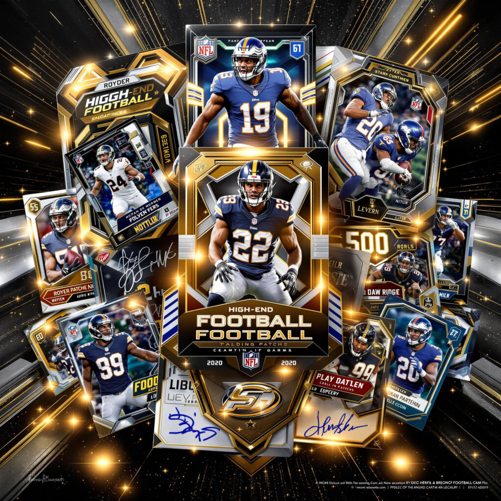 Luxurious NFL trading cards with holographics, autographs, jersey patches, and rookie highlights.