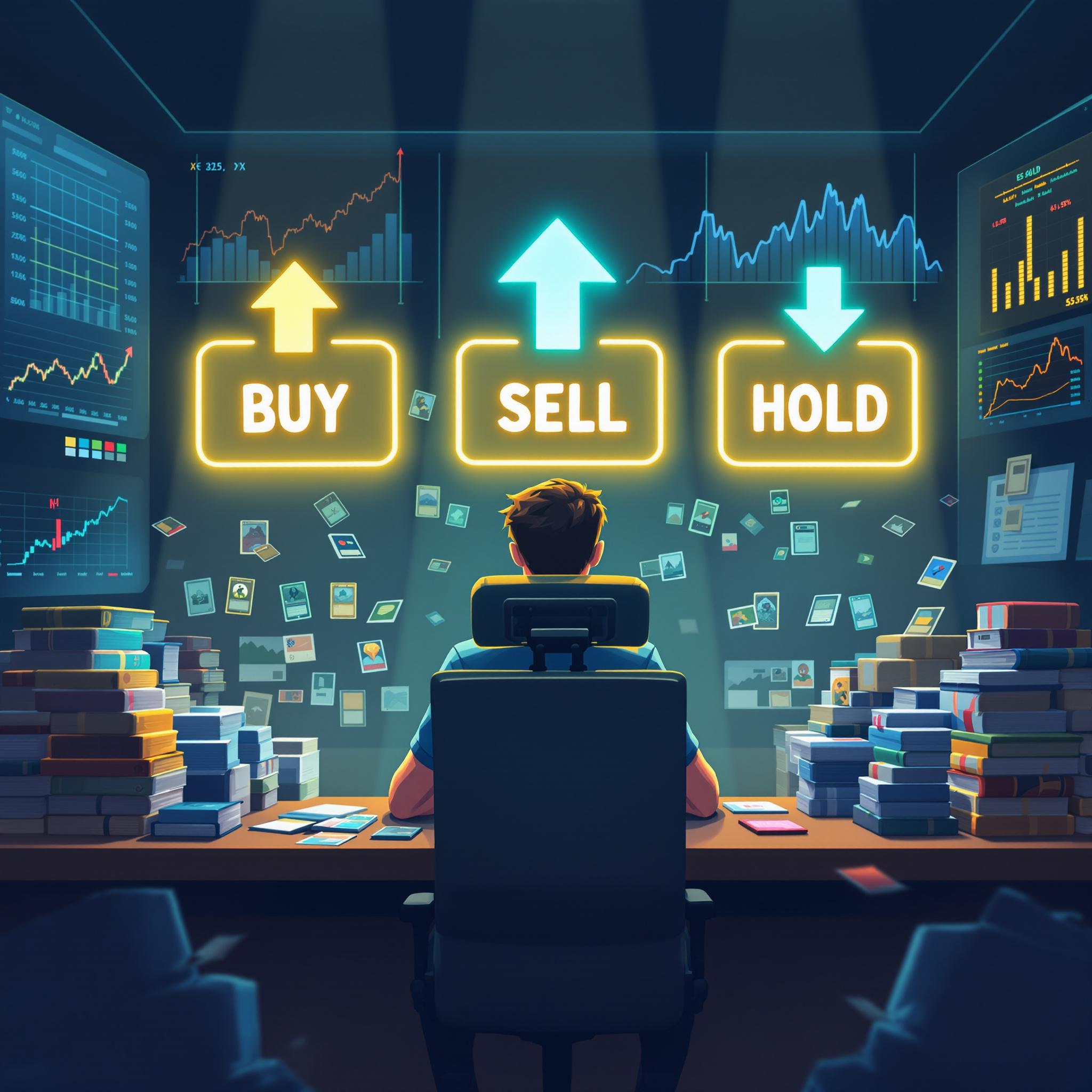 Collector at trading desk with cards, market trend signs, and stock-like charts in the background.