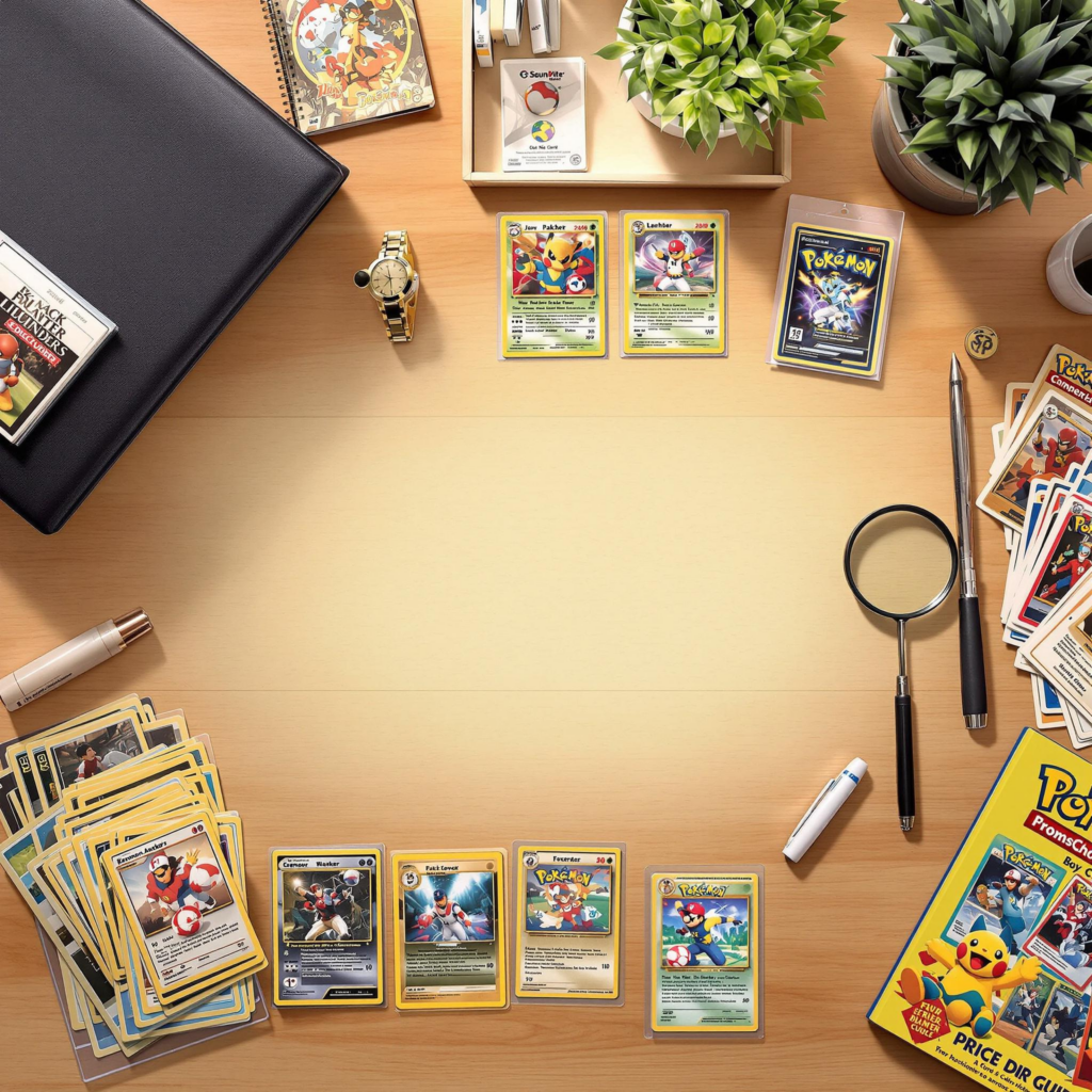 Beginners trading card kit with vintage, Pokémon, eSports cards, binder, sleeves, magnifying glass.