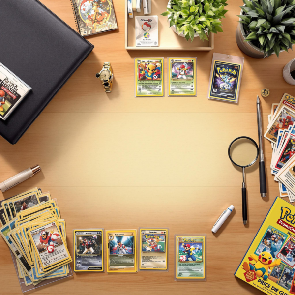 Beginners trading card kit with vintage, Pokémon, eSports cards, binder, sleeves, magnifying glass.