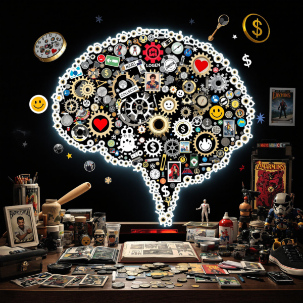 Collage of diverse collectibles with brain silhouette symbolizing the emotional value of collecting.