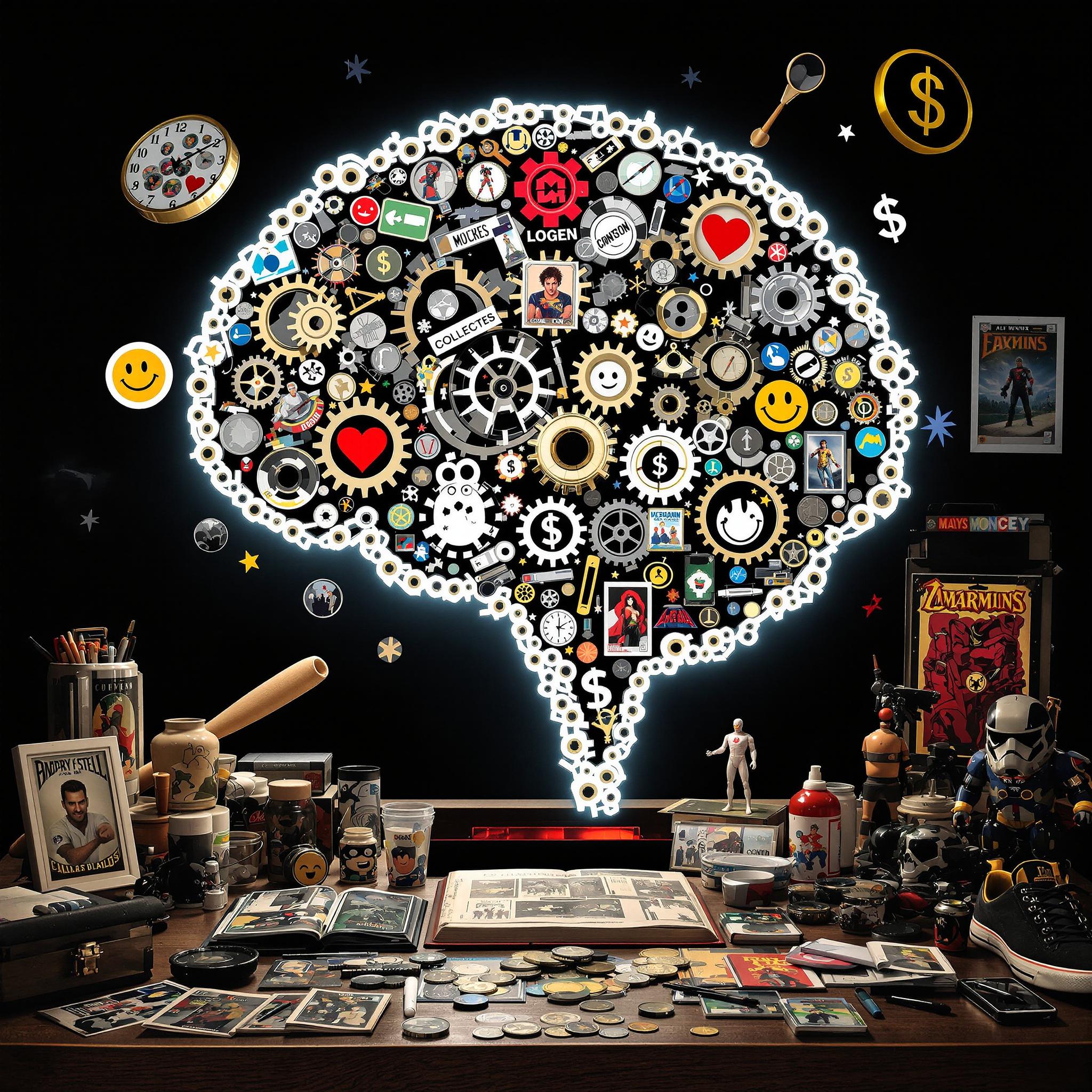 Collage of diverse collectibles with brain silhouette symbolizing the emotional value of collecting.