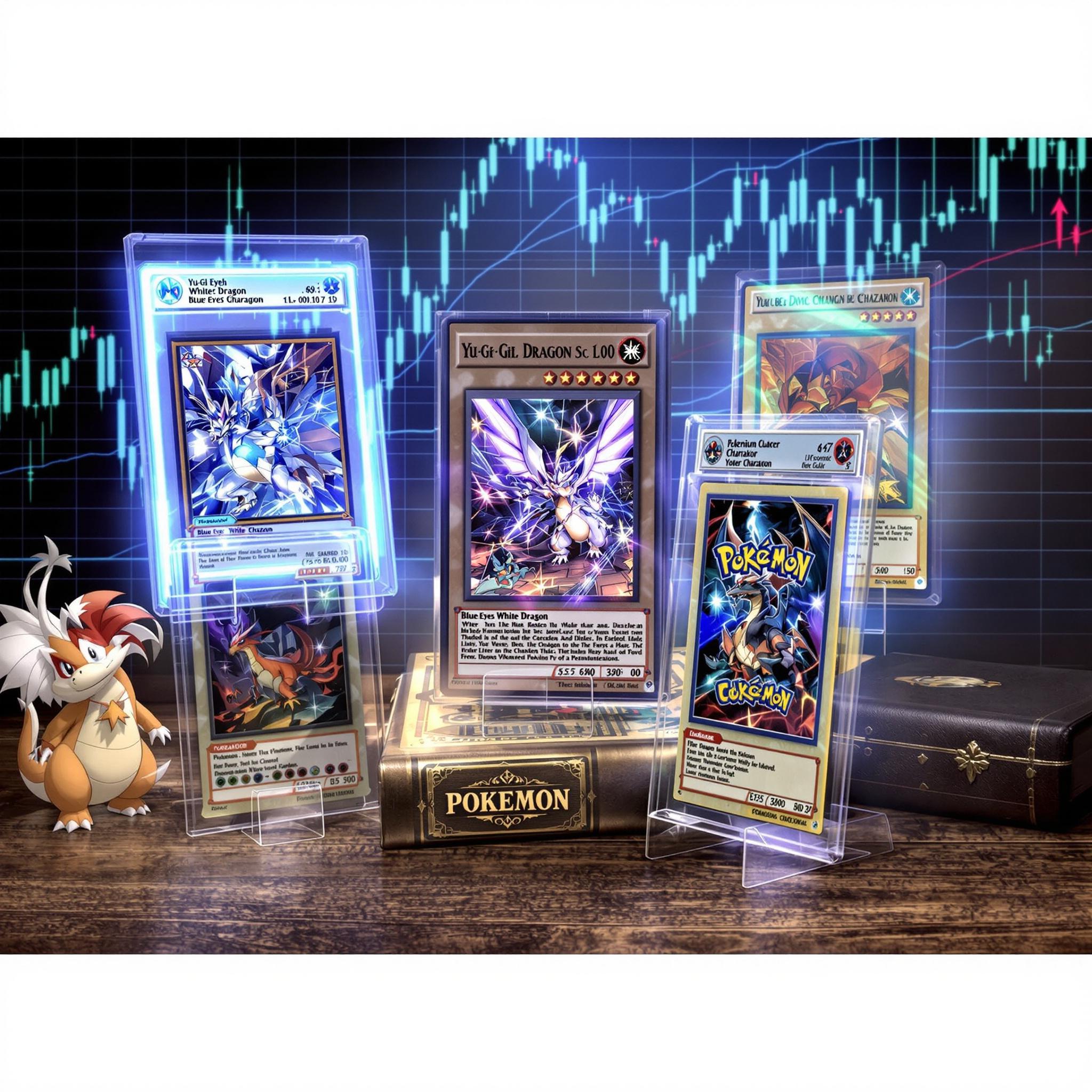 Yu-Gi-Oh and Pokémon cards in a glowing, premium collectors setting with market graph backdrop.