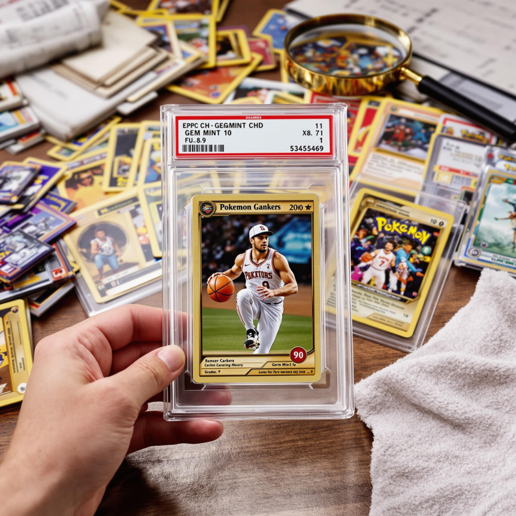 Top-graded collectible cards with Gem Mint 10 slab and grading tools in a vintage-modern setup.