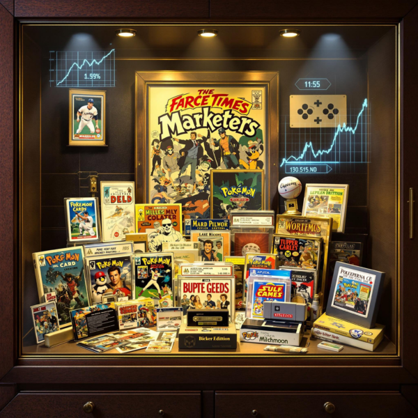 Iconic collectibles in a vintage display, highlighting rising value with warm, nostalgic lighting.