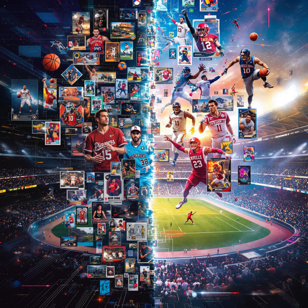 Digital collage blending sports trading cards with eSports avatars, showcasing hybrid collectible culture.
