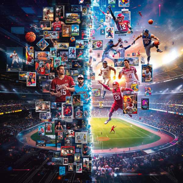 Digital collage blending sports trading cards with eSports avatars, showcasing hybrid collectible culture.