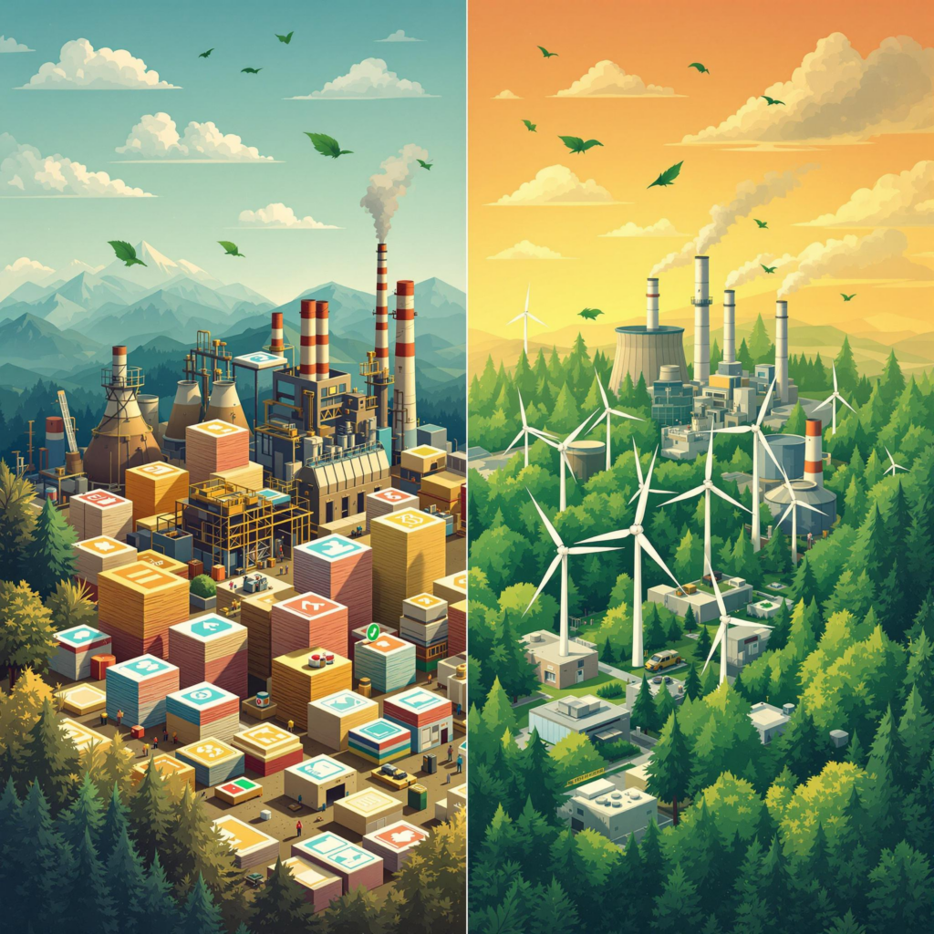 Comparison of traditional trading cards and eco-friendly options in a split-view illustration.