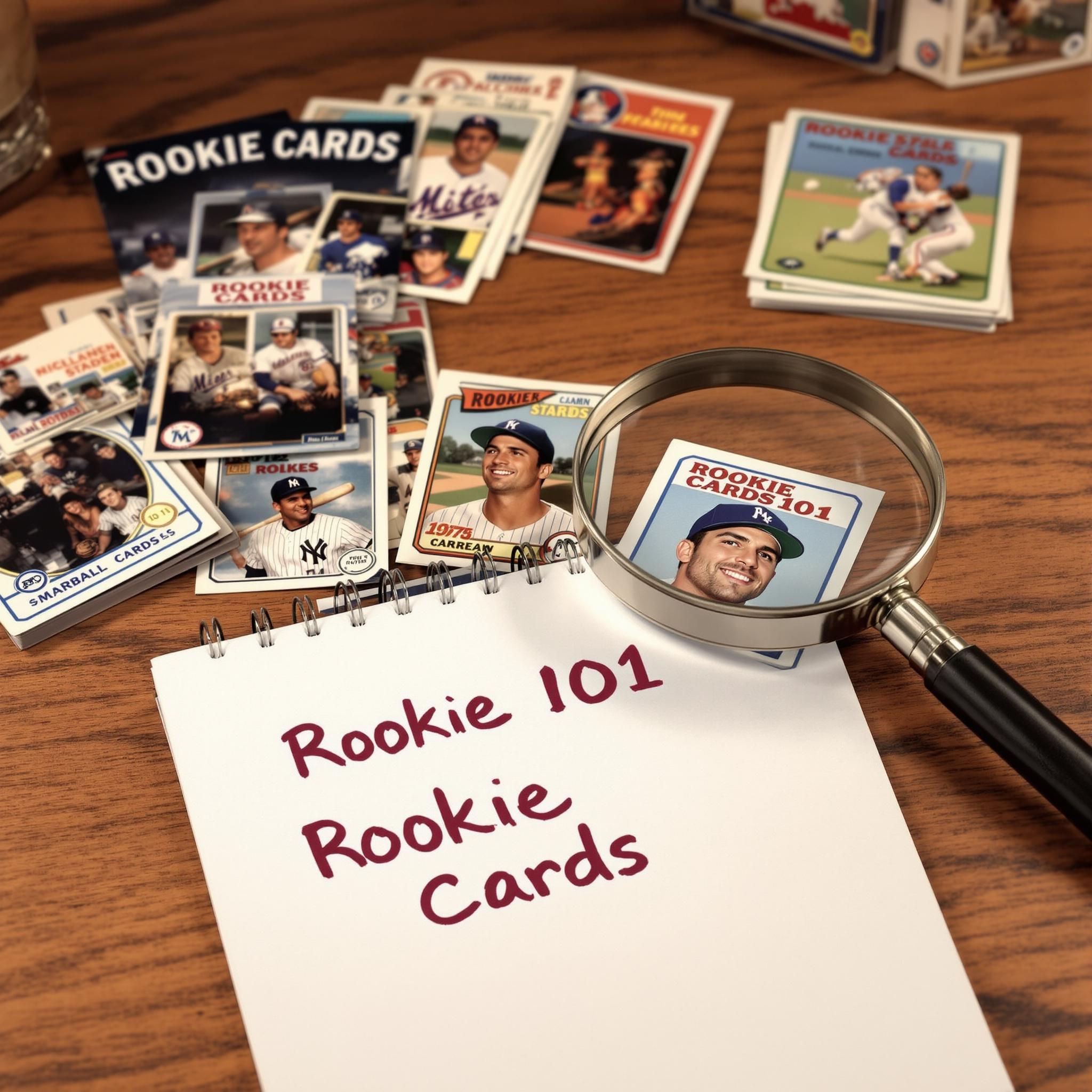 Nostalgic rookie trading cards on table with magnifying glass and notepad, evoking learning.