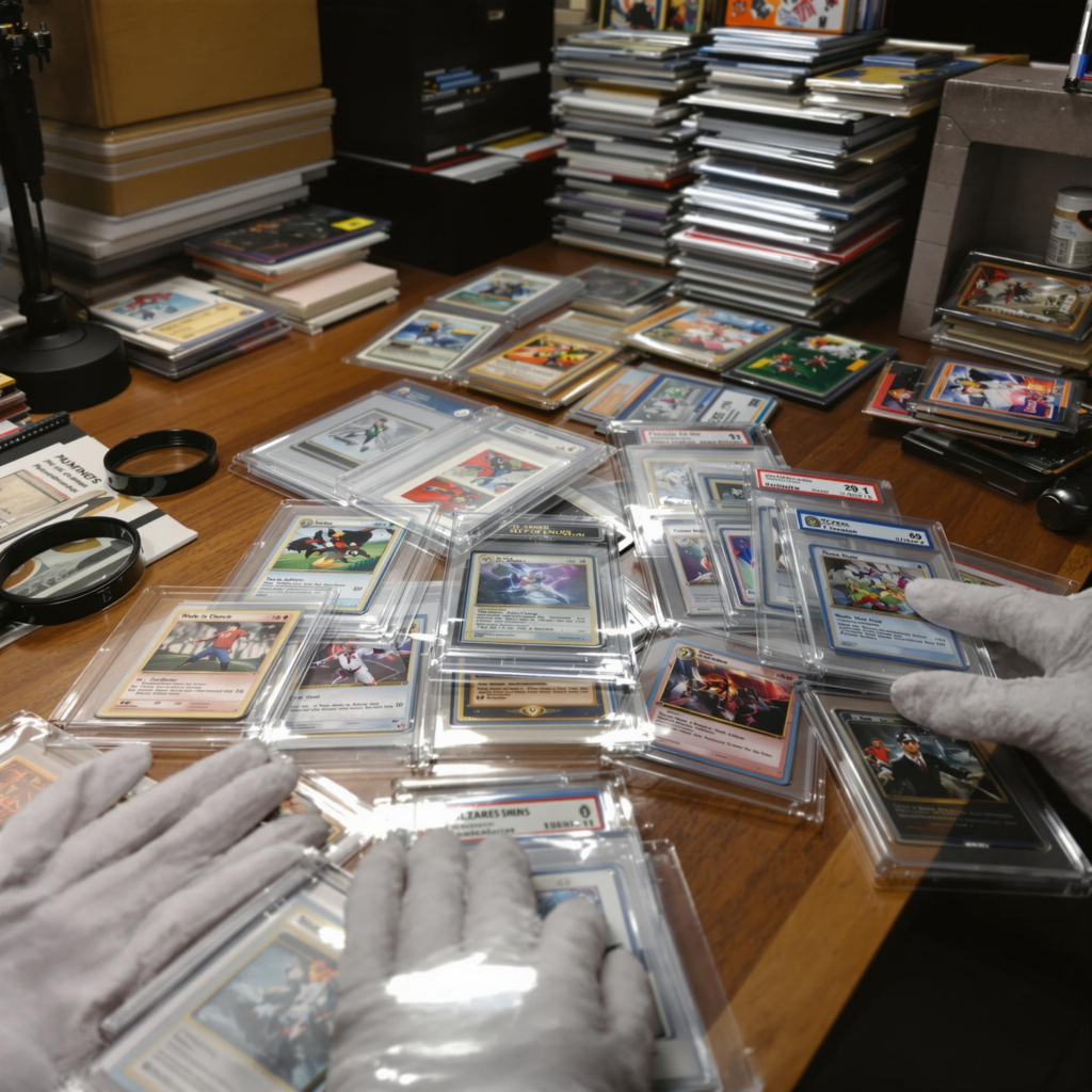Pristine trading cards in protective cases, showcasing a collectors organized, nostalgic workspace.