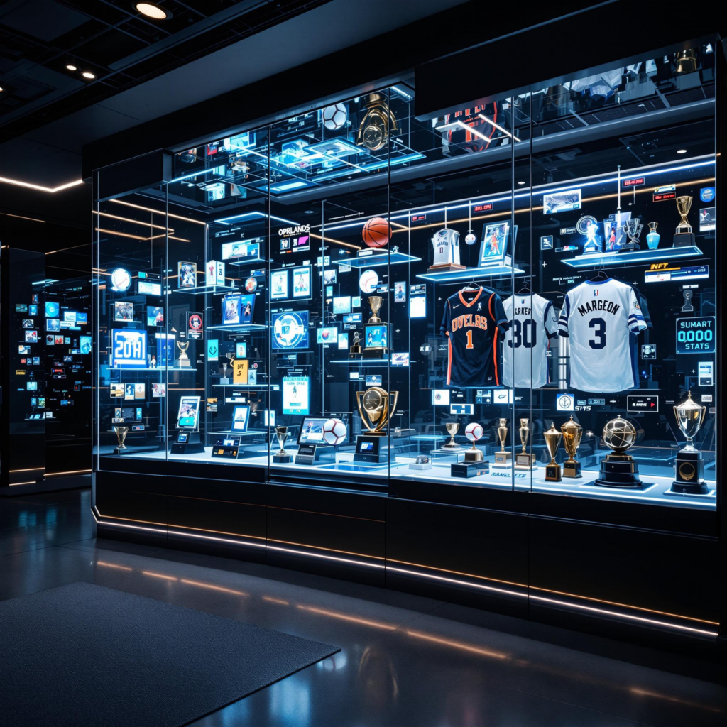 Futuristic sports room with digital trading cards, NFT trophies, smart jerseys, and classic memorabilia.