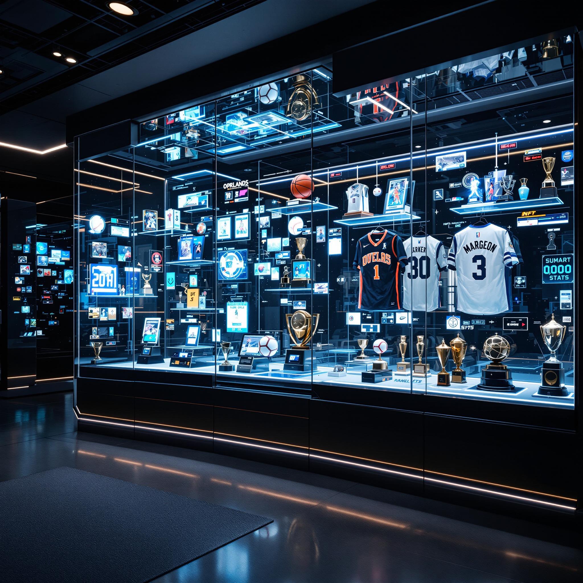 Futuristic sports room with digital trading cards, NFT trophies, smart jerseys, and classic memorabilia.