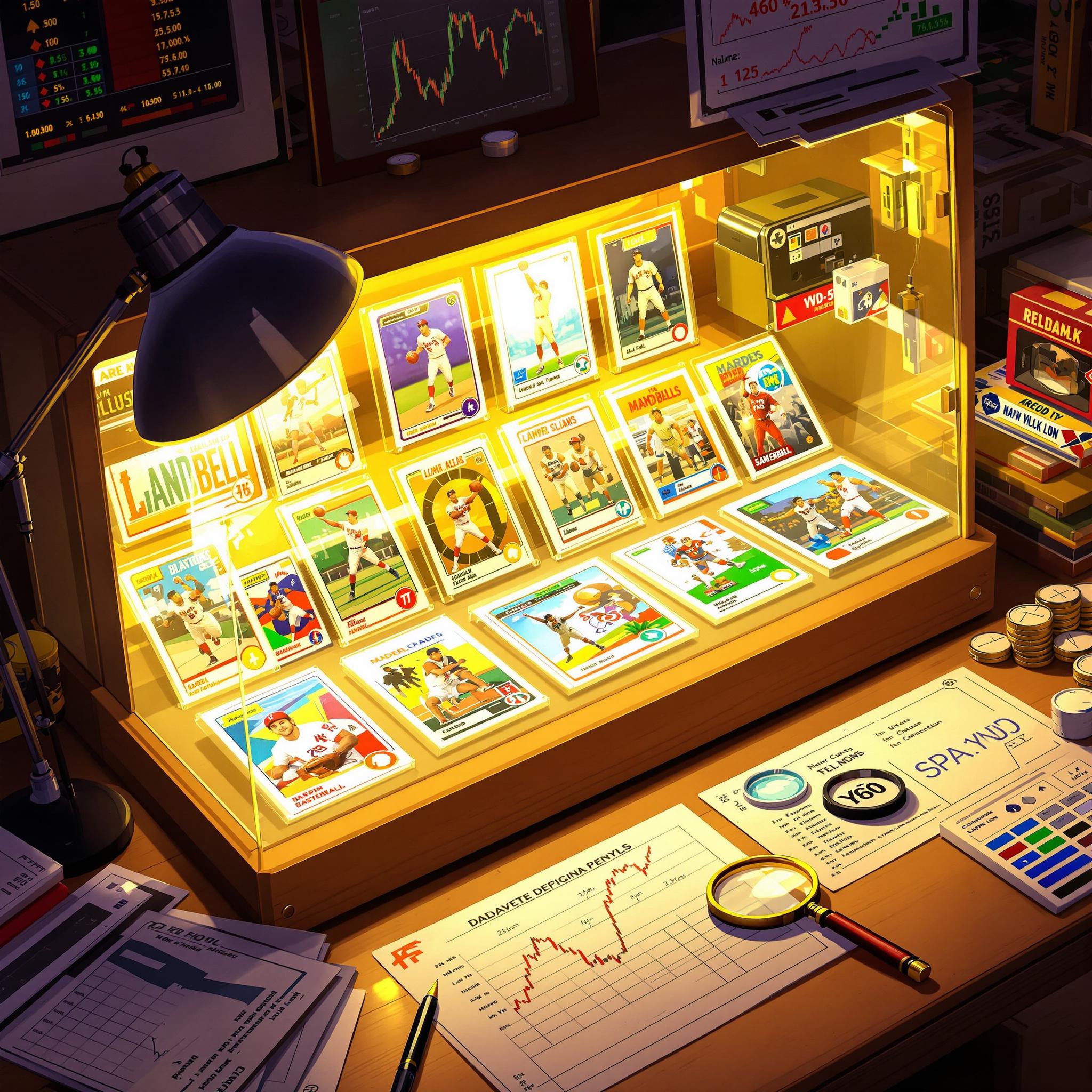 Collectors desk with glowing vintage sports cards, magnifying tools, and investment charts.