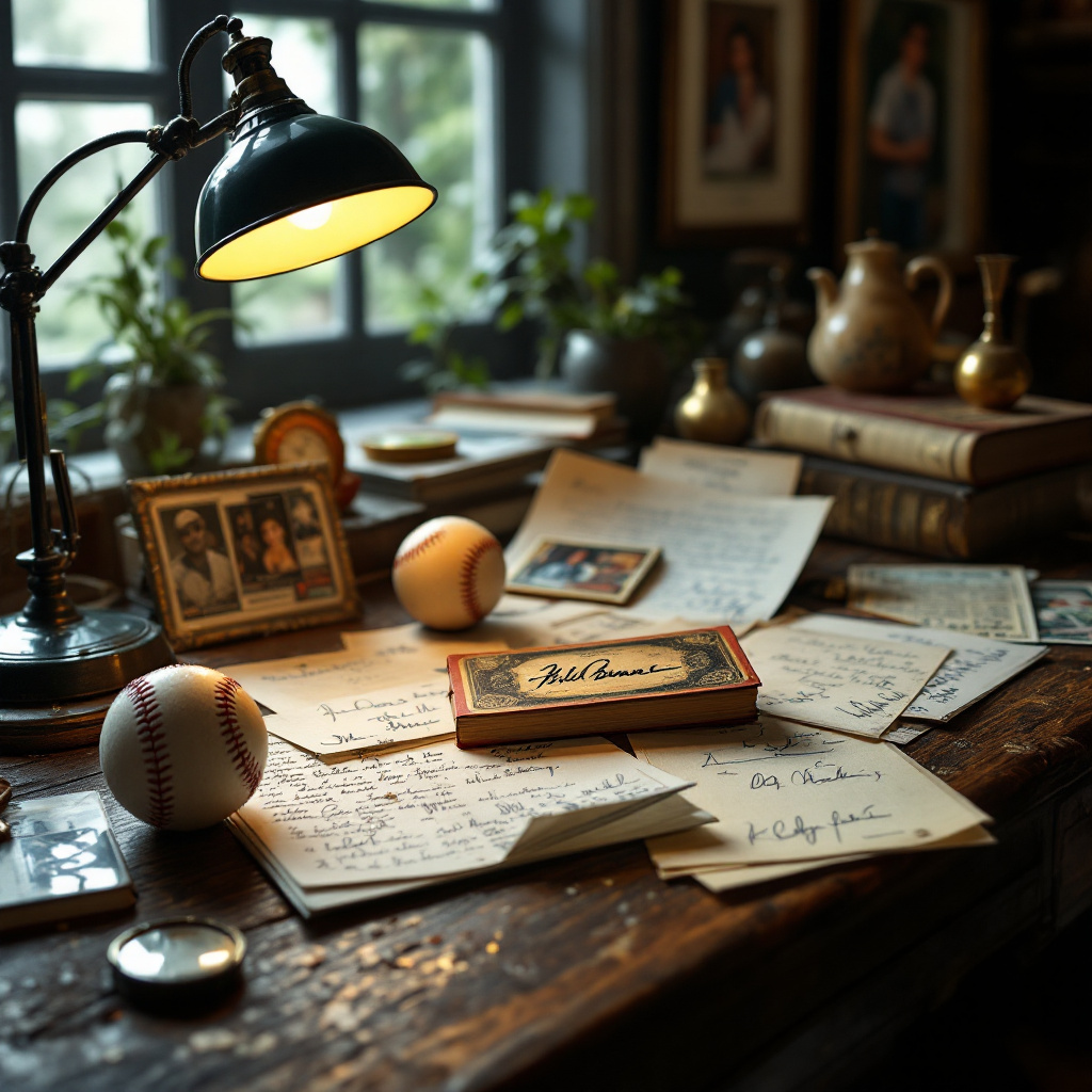 Vintage collectibles desk with memorabilia, magnifying glass, and valuation guide in nostalgic lighting.