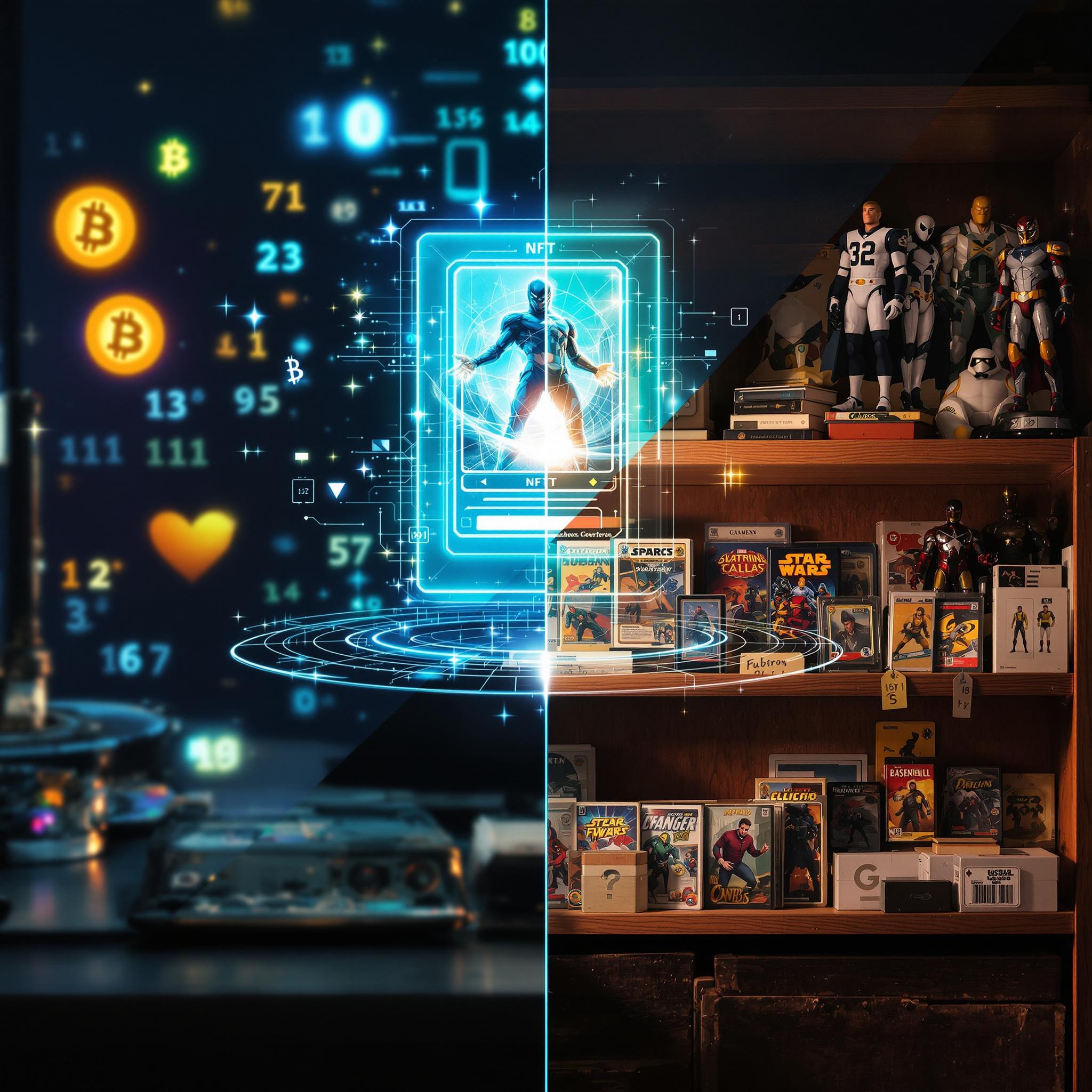 Glowing NFTs alongside nostalgic vintage collectibles illustrating value and technological evolution.
