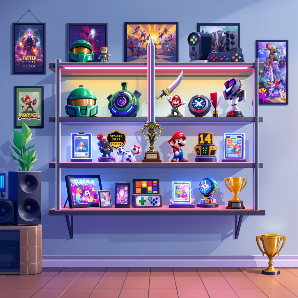 Vibrant gaming room shelf featuring iconic video game collectibles with dynamic LED lighting.