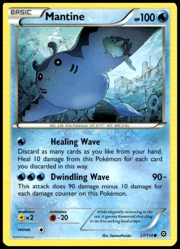 2016 Pokémon Mantine card, Steam Siege set, vibrant art, stats, number 27/114.