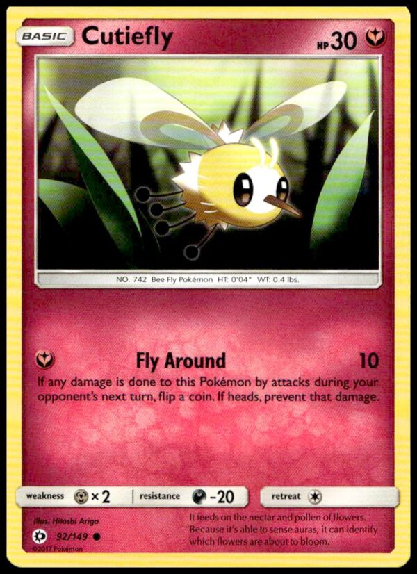 2017 Sun & Moon Cutiefly Pokémon Card #92/149 with vibrant art and game stats.