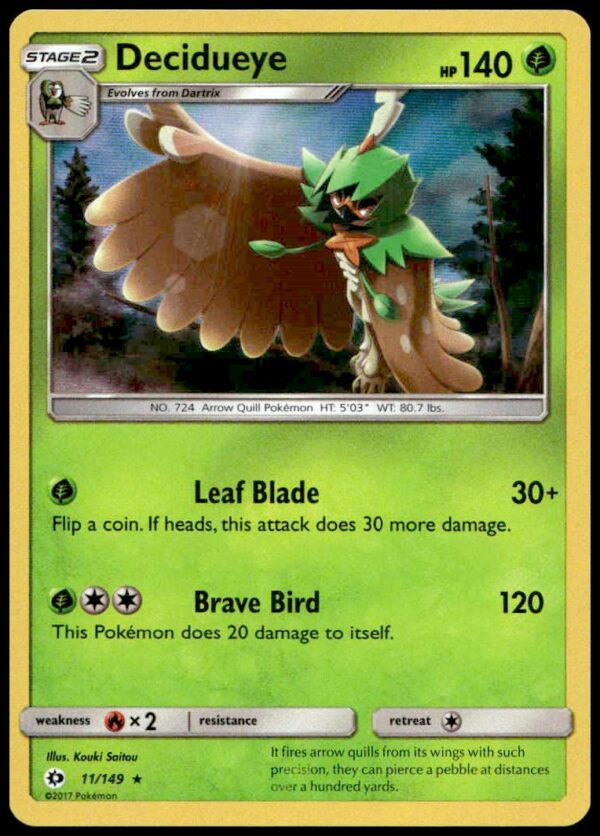 Decidueye Holo Card, Grass/Ghost Type, 2017 Pokémon Sun & Moon, Number 11/149.