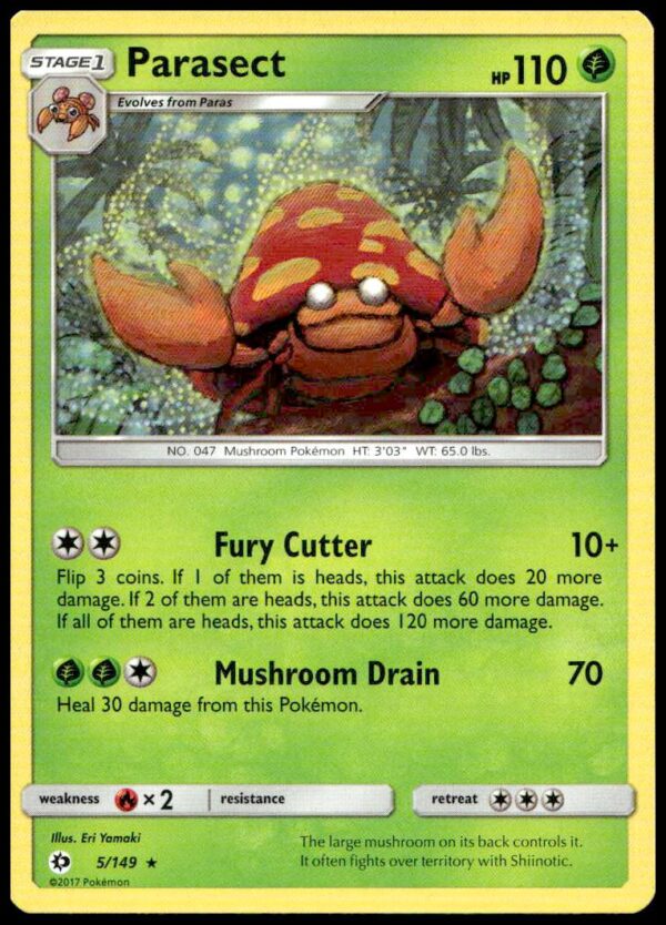 2017 Pokémon Sun & Moon Parasect card, Base Set 5/149, forest artwork.