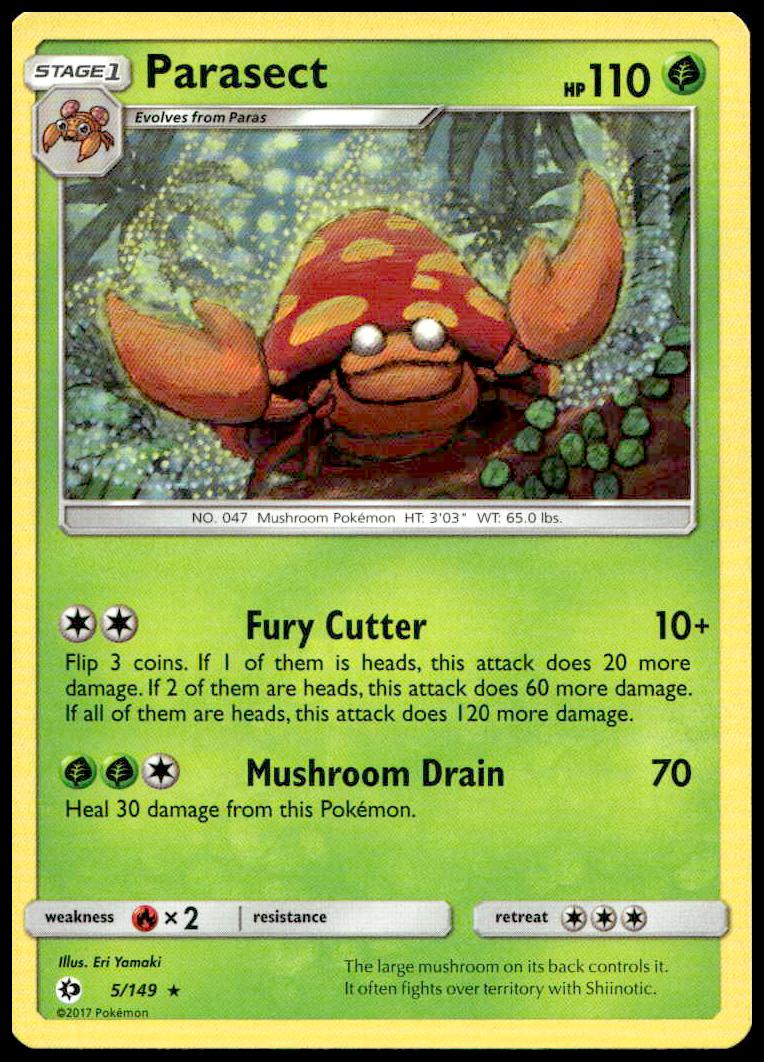 2017 Pokémon Sun & Moon Parasect card, Base Set 5/149, forest artwork.