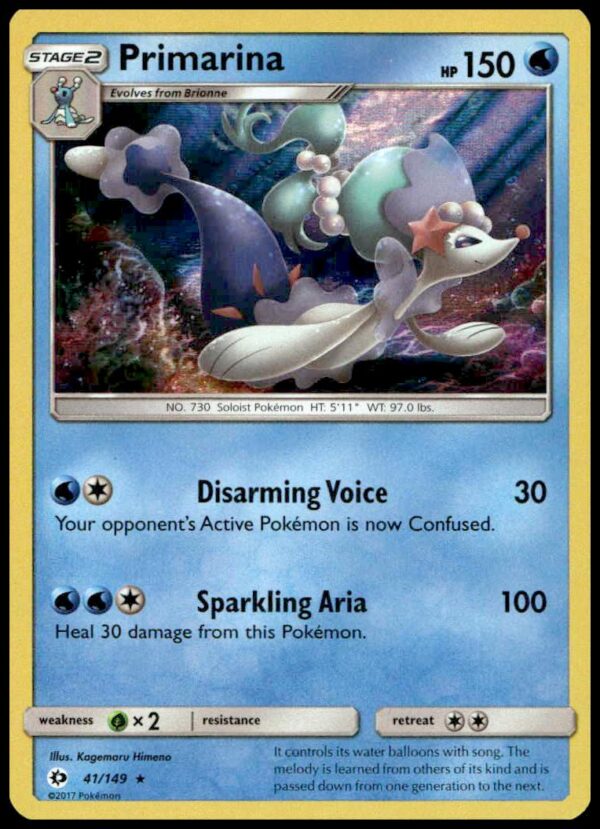 2017 Pokémon Sun & Moon Primarina Holo Card front view, #41/149, Base Set.