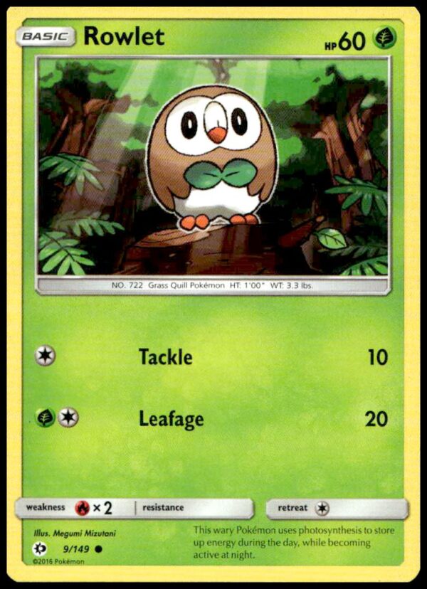 Rowlet Pokémon Sun & Moon 2017 trading card, Base Set #9/149, vibrant grass-type artwork.