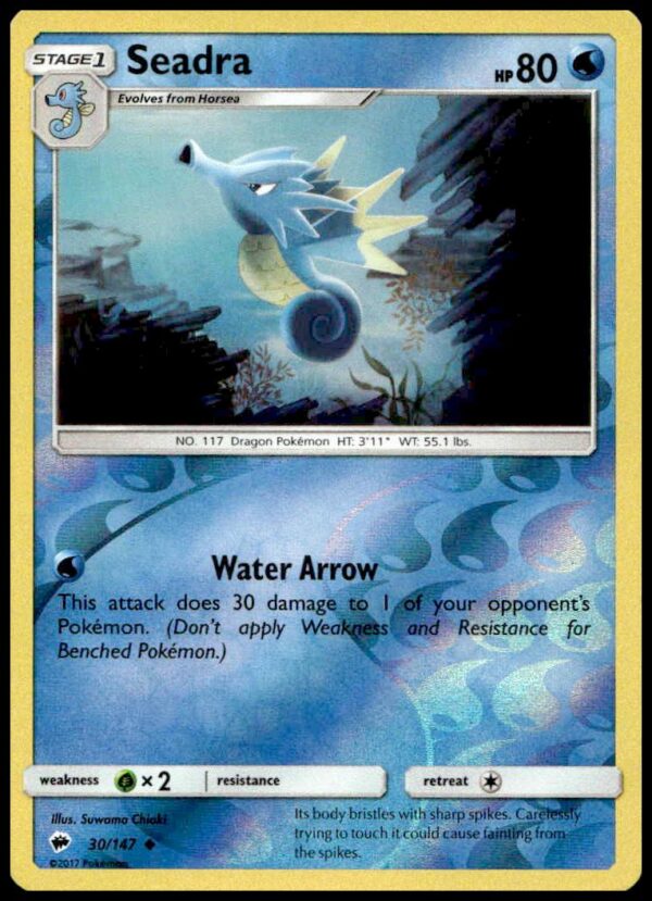 Seadra Pokémon Card, 2017 Burning Shadows Set #30/147, vibrant artwork and stats.