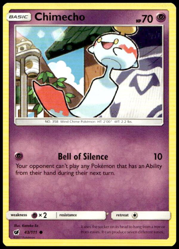 2017 Chimecho Pokémon Card: Vibrant art from Crimson Invasion, card #43/111 collectible.