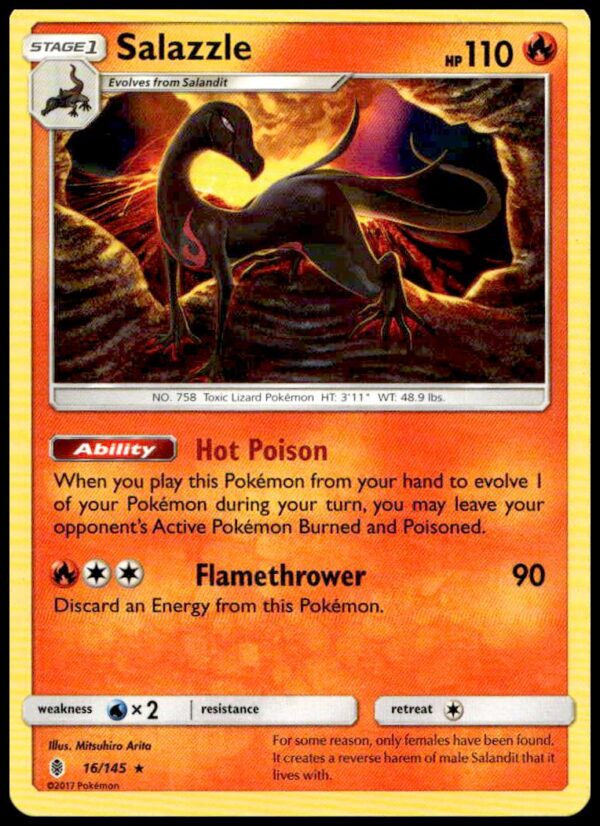 2017 Salazzle Pokémon Card, Sun & Moon Guardians Rising, Dynamic Artwork, #16/145.