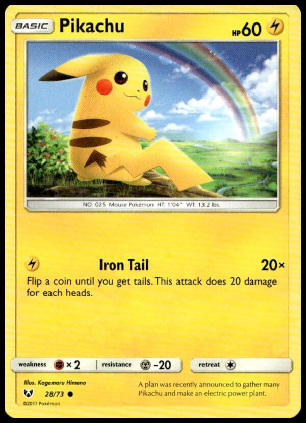 2017 Shining Legends Pikachu card, vibrant colors, Sun & Moon, #28/73.