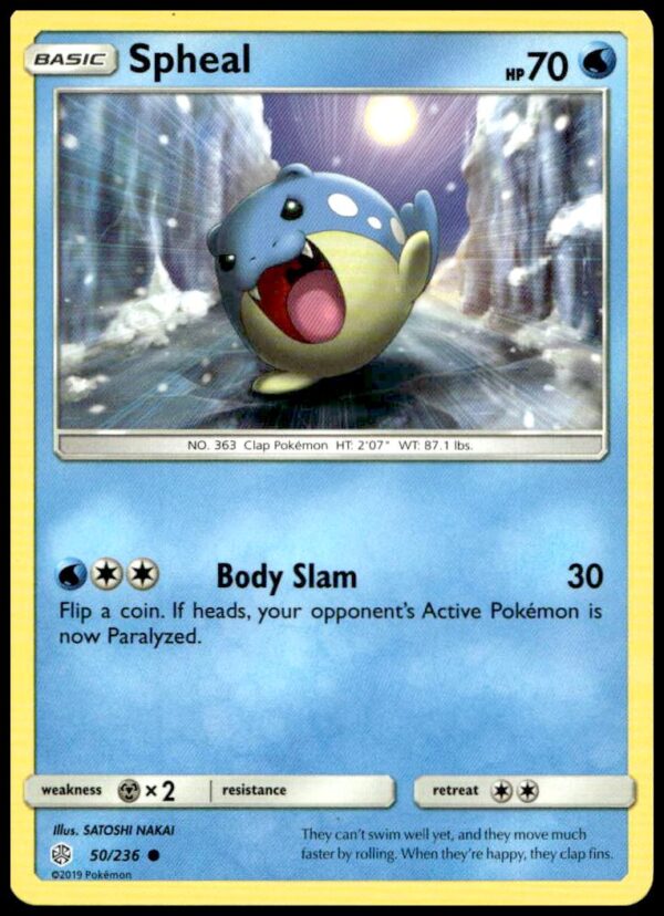 Spheal Cosmic Eclipse card 2019, blue Pokémon, playful design, cosmic background, collectible charm.