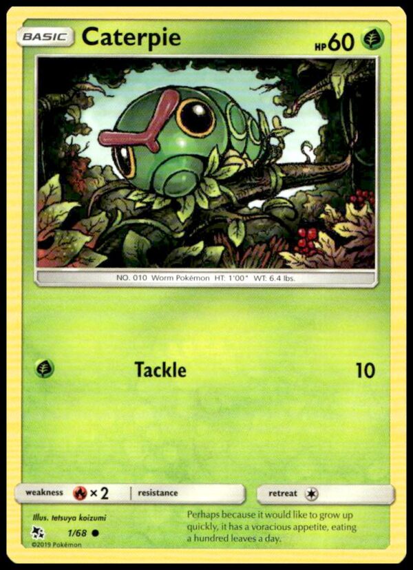 2019 Pokémon Hidden Fates Caterpie Card #1/68, featuring Caterpie with nature background. Collectible.
