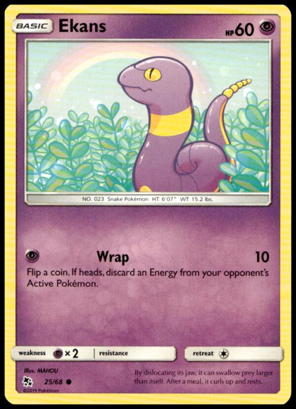 Ekans Pokémon card from 2019 Hidden Fates set, vibrant forest scene, number 25/68.
