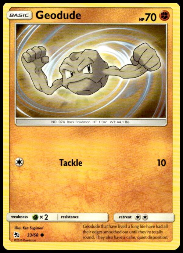 2019 Pokémon Hidden Fates Geodude card #33/68, featuring Geodude artwork.